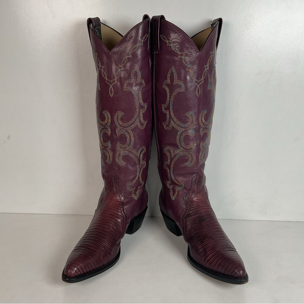 Vintage Larry Mahan Tall Purple Cowgirl Boots 8.5 B USA Made Lizard Teju - Picture 10 of 16